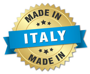 made in Italy gold badge with blue ribbon