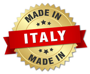 made in Italy gold badge with red ribbon