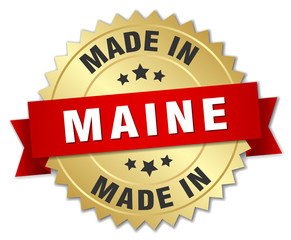 made in Maine gold badge with red ribbon