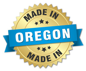 made in Oregon gold badge with blue ribbon