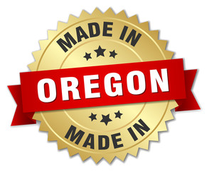 made in Oregon gold badge with red ribbon