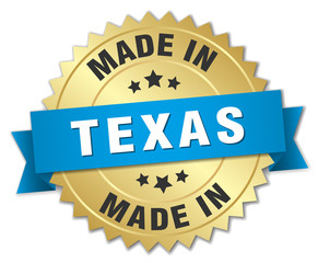 made in Texas gold badge with blue ribbon