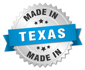 made in Texas silver badge with blue ribbon