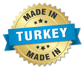 made in Turkey gold badge with blue ribbon