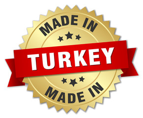 made in Turkey gold badge with red ribbon