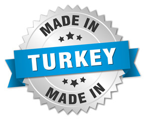 made in Turkey silver badge with blue ribbon