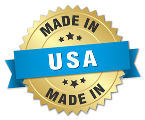made in usa gold badge with blue ribbon