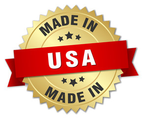 made in usa gold badge with red ribbon