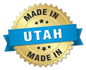 made in Utah gold badge with blue ribbon