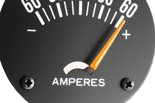 Analog amp meter, ammeter or ampere-meter measures DC direct current in units called amperes. DC amp meters show a positive charge (+) plus sign and a negative discharge (-) minus sign