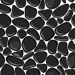 Pebbles seamless pattern on white background. Black stones seamless background texture. Seaside wet pebble vector illustration. Spa stones. - 92161555
