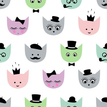 Seamless pattern with funny cats with fashion glasses, mustache, bow-tie, hat, tobacco pipe, eyes, lashes, lips, crown for kids holidays on white background. Cute bright baby shower vector background.