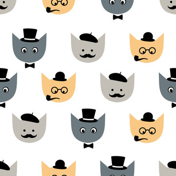 Seamless pattern with funny cats with fashion glasses, mustache, bow-tie, hat, tobacco pipe, eyes for kids holidays on white background. Cute fathers day vector background illustration.