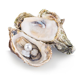 Oyster with pearls isolated on white background