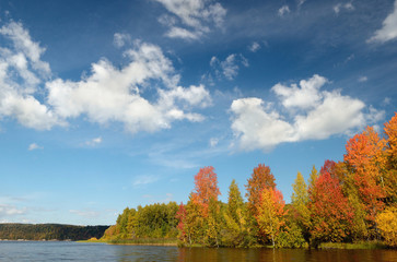 Obraz premium colorful autumn forest lake river sky clouds Cirrus