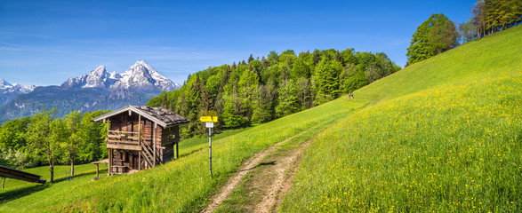 Idyllic mountain scenery in the Alps with hiking trail and mountain chalet
