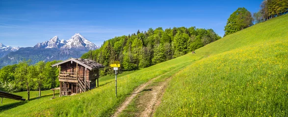 Fotobehang Idyllic mountain scenery in the Alps with hiking trail and mountain chalet © JFL Photography