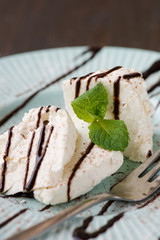 Cottage cheese poured with chocolate topping for breakfast