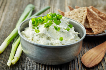 cream cheese with green onions and herbs - obrazy, fototapety, plakaty