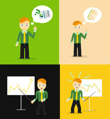 Set of cute cartoon young businessmen. Idea concept and finance