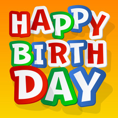 Happy birthday vector card with sticker colorful font on yellow background