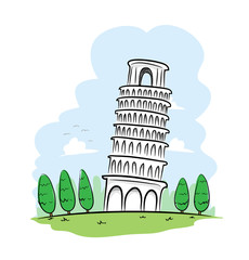 Pisa Tower, a hand drawn vector illustration of the leaning tower of Pisa in Italy.