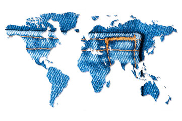 Naklejka premium World map. Blue jeans texture. White background.