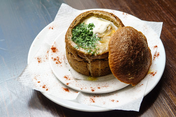 soup served in a bread bowl