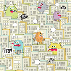 Monsters in the city seamless texture.