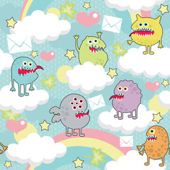 Cute monsters on clouds seamless texture.