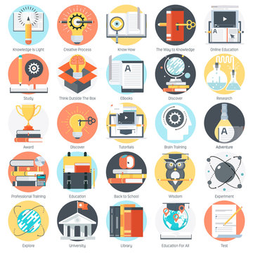 Education theme, flat style, colorful, vector icon set for info