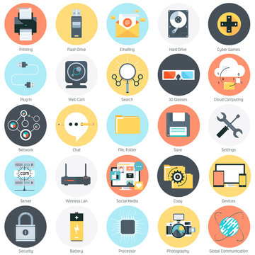 Technology theme, flat style, colorful, vector icon set for info