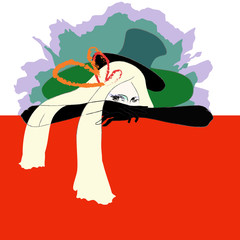 Abstract drawing of a woman in a black hat and gloves and   green coat on a red background. Fashion and beauty