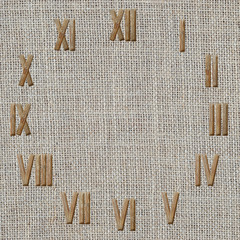 roman numerals clock  on burlap fabric background
