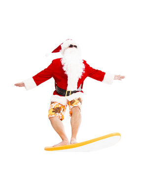 Happy Santa Claus Surfing With Surf Board