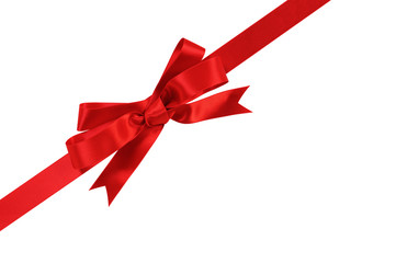 Red gift ribbon and bow corner diagonal for birthday or christmas present decoration isolated on white background photo