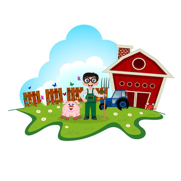 Stock Farmer with pig on farm for your design