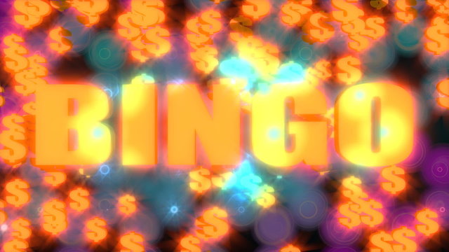 bingo word on blurred glowing motion dollar particles animation background