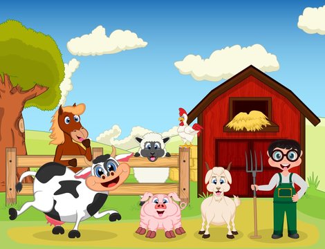 farmer, goat, pig, horse, goat, sheep, chicken and cow on the farm cartoon