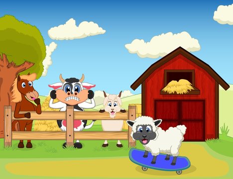 horse, cow and goat watch sheep on skateboard cartoon