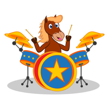 Horse playing drum cartoon