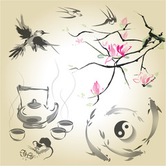 Set in a Japanese style of sumi-e