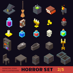 Isometric horror flat vector icon set: hat, potion, broom, coffin, candle, books, chair, table, candlestick. For halloween, horror games and cartoons.