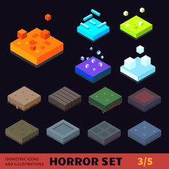 Isometric horror vector tile set. Tiles: fire, flame, ice, snow, grass, boardwalk, graveyard, lava, concrete, sand. For halloween, horror games and cartoons.