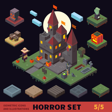 Isometric horror vector flat tiles and objects compilation. Creepy castle, graveyard, pumpkin field, scarecrow.witch, spider, skull, zombie hand. For halloween, horror games and cartoons.