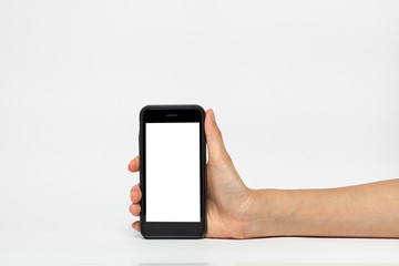 Woman holding smart phone similar to iphone with isolated screen