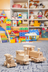 wooden train in the play room