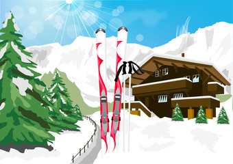 winter scenery with snow, skis, ski poles, chalet and mountains