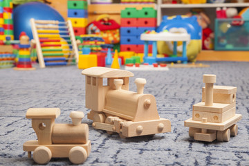 wooden train in the play room