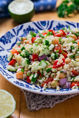 Summer Bulgur Wheat Salad with Cucumbers, Red Peppers, Chickpeas